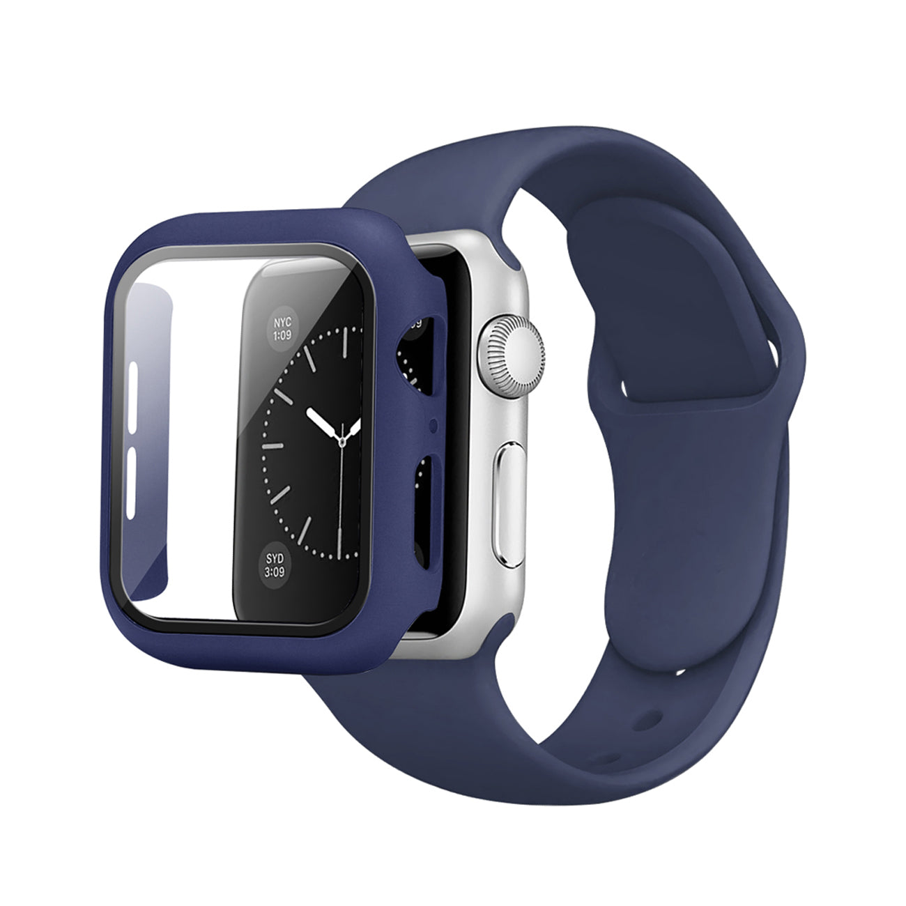 Navy Color PC Watch Case With Glass Screen Protector and Silicone Watch Band for Apple Watch 44mm